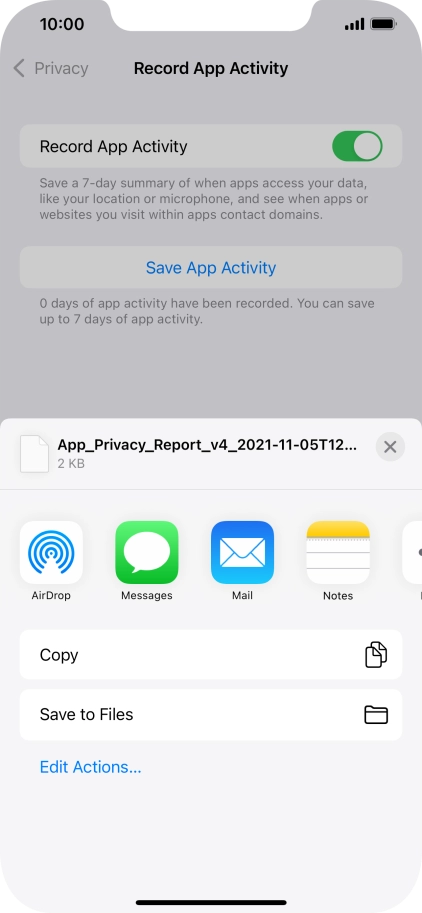 Press the required setting and follow the instructions on the screen to share or save the app activity report.