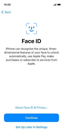 Follow the instructions on the screen to turn on use of Face ID or press Set Up Later in Settings.