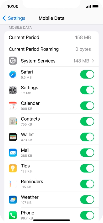 The data usage for each application is displayed below the name of the application. The data usage for each application is displayed below the name of the application.