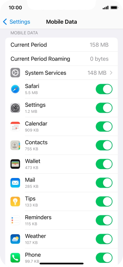 The data usage for each application is displayed below the name of the application. The data usage for each application is displayed below the name of the application.