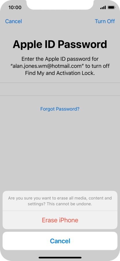 Key in the password for your Apple ID and press Erase iPhone. Wait a moment while the factory default settings are restored. Follow the instructions on the screen to set up your phone and prepare it for use. Key in the password for your Apple ID and press Erase iPhone. Wait a moment while the factory default settings are restored. Follow the instructions on the screen to set up your phone and prepare it for use.