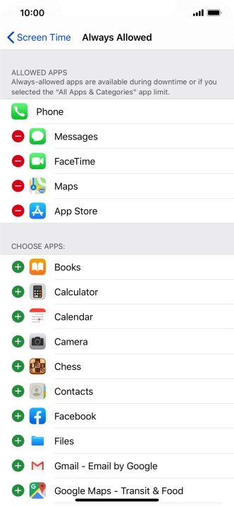 Press the remove icon next to the required app to remove it from the list of allowed apps during Downtime.