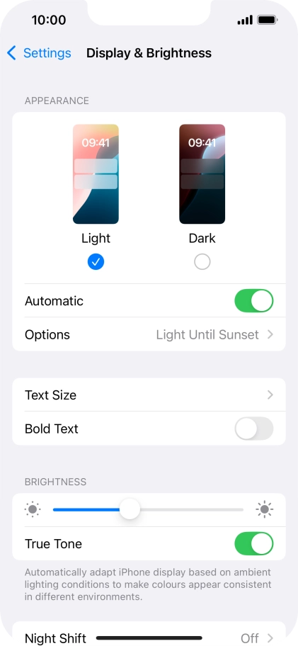 If you turn on the function, press Options and follow the instructions on the screen to select the required period of time for Dark Mode.