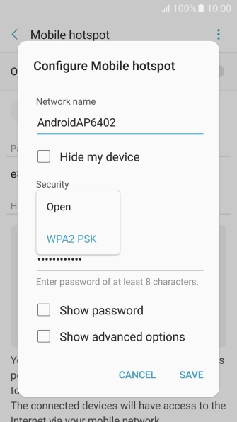Press WPA2 PSK to password protect your Wi-Fi hotspot.