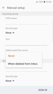 Press Never to keep email messages on the server when you delete them on your phone.