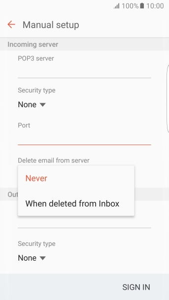 Press Never to keep email messages on the server when you delete them on your phone.