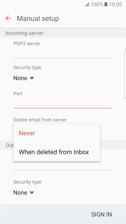 Press Never to keep email messages on the server when you delete them on your phone.