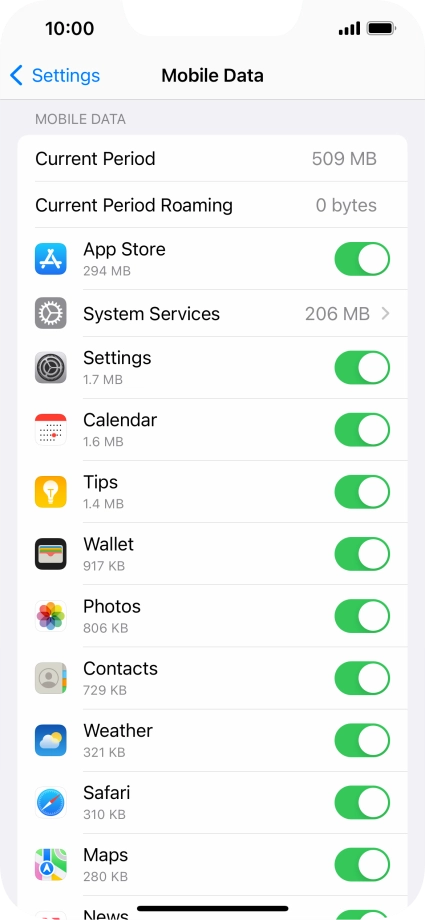 The data usage for each application is displayed below the name of the application.