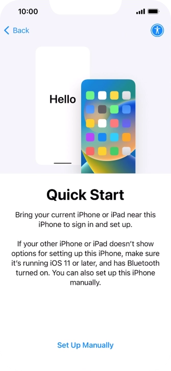 Follow the instructions on the screen to transfer content from another device running iOS 11 or later or press Set Up Manually.