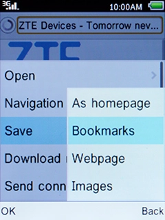 Select Bookmarks and press the Left selection key.
