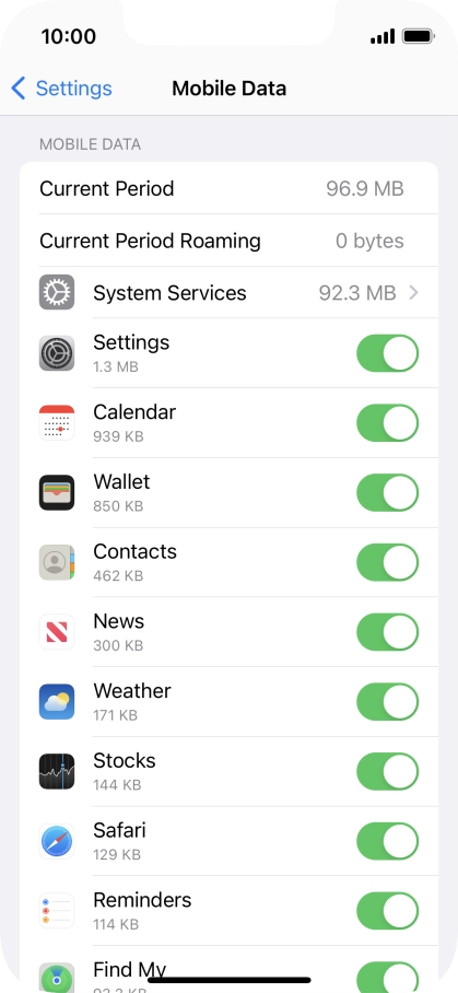 Press the indicators next to the required applications to turn the function on or off. Press the indicators next to the required applications to turn the function on or off.