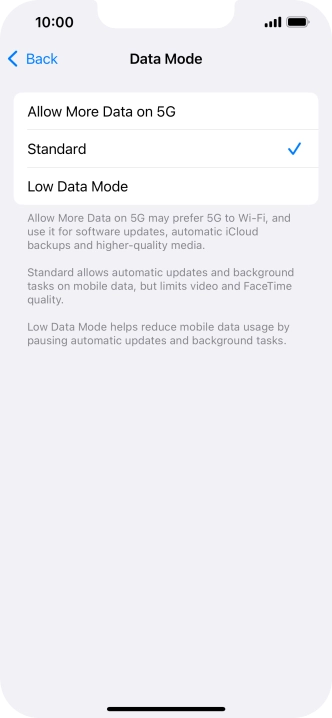 Press the required setting.