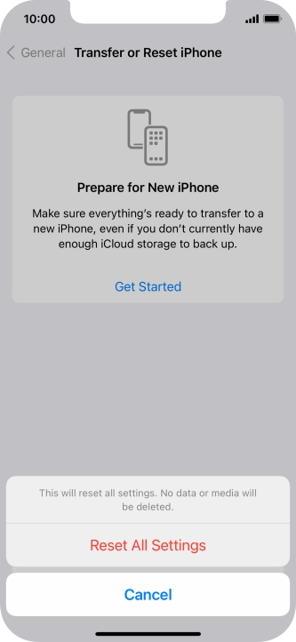 Press Reset All Settings. Wait a moment while the factory default settings are restored. Follow the instructions on the screen to set up your phone and prepare it for use.