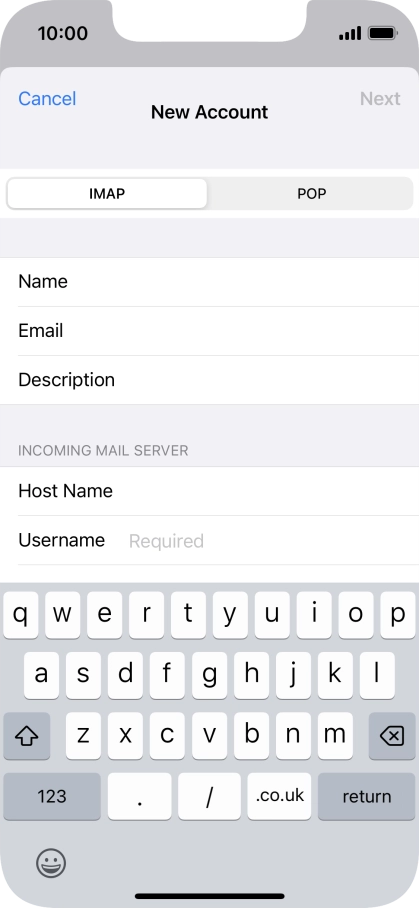 Press Username and key in the username for your email account.