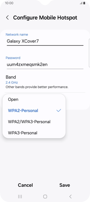 Press WPA3-Personal to password protect your Wi-Fi hotspot.