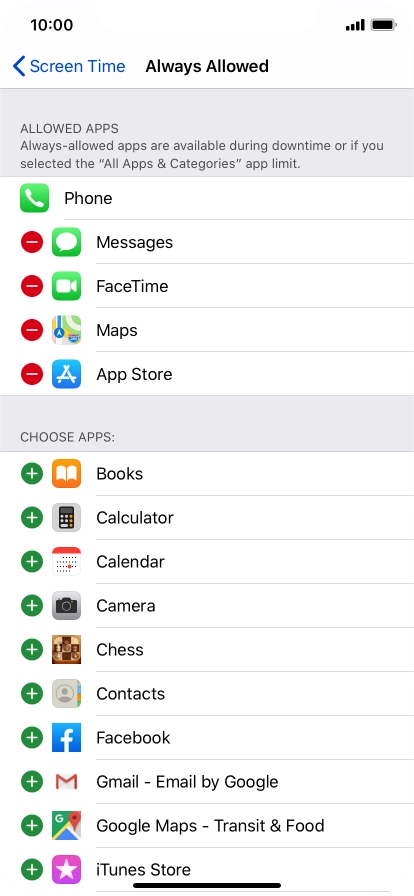 Press the add icon next to the required app to add it to the list of allowed apps during Downtime.