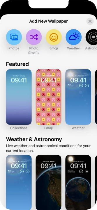 Press the required category and follow the instructions on the screen to select the required background image.