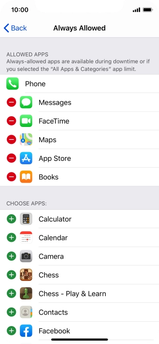 Press the remove icon next to the required app to remove it from the list of allowed apps during Downtime.