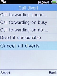 Select Cancel all diverts and press the Left selection key.
