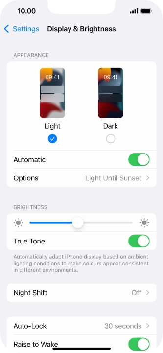 If you turn on the function, press Options and follow the instructions on the screen to select the required period of time for Dark Mode.