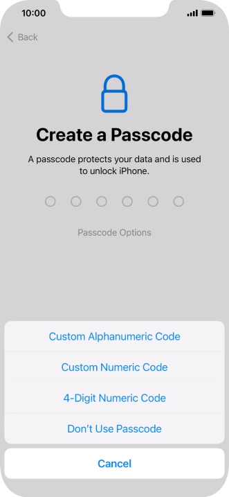 Follow the instructions on the screen to turn on use of phone lock code or press Don't Use Passcode.