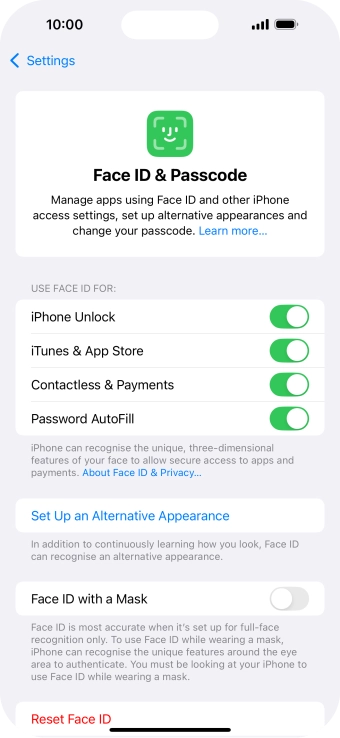 Press the indicators next to the required settings to turn them on or off.