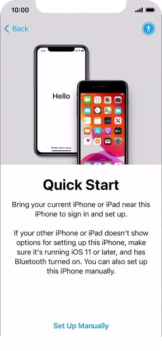 Follow the instructions on the screen to transfer content from another device running iOS 11 or later or press Set Up Manually.