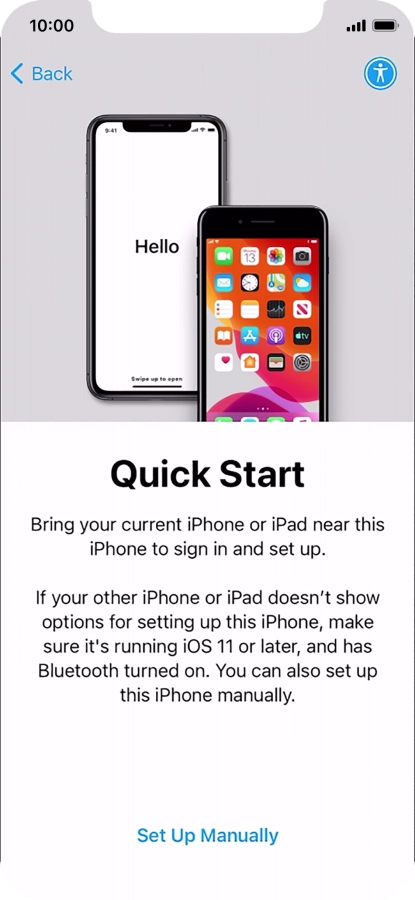 Follow the instructions on the screen to transfer content from another device running iOS 11 or later or press Set Up Manually.