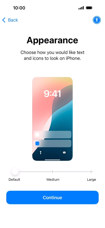 Select the required text and icon size on your phone and press Continue.