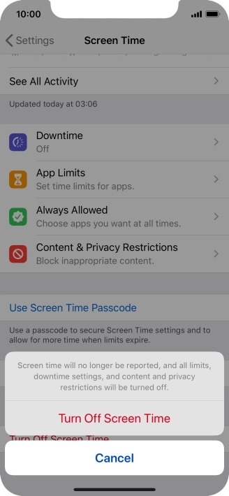 Press Turn Off Screen Time.