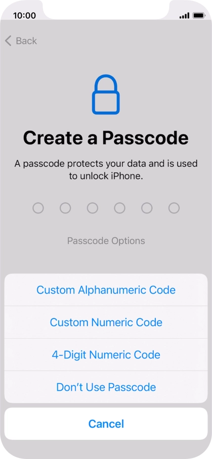 Follow the instructions on the screen to turn on use of phone lock code or press Don't Use Passcode.