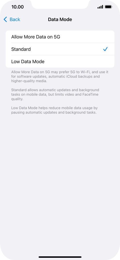 Press the required setting.