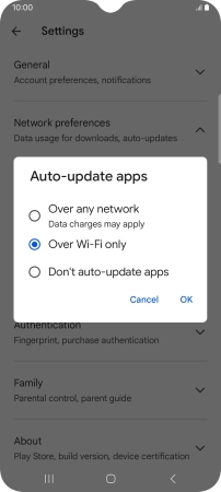 To turn on automatic update of apps using mobile network, press Over any network.
