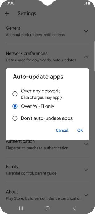 To turn on automatic update of apps using mobile network, press Over any network.