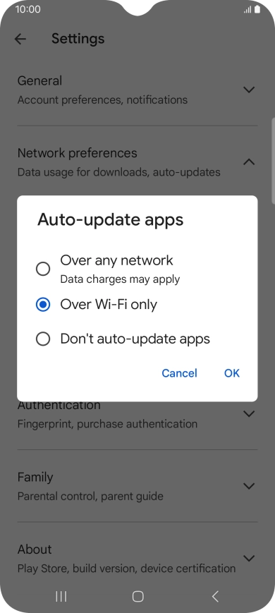To turn on automatic update of apps using mobile network, press Over any network.