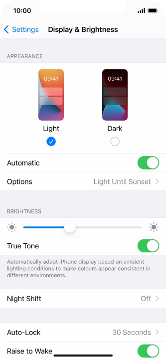 If you turn on the function, press Options and follow the instructions on the screen to select the required period of time for Dark Mode. If you turn on the function, press Options and follow the instructions on the screen to select the required period of time for Dark Mode.