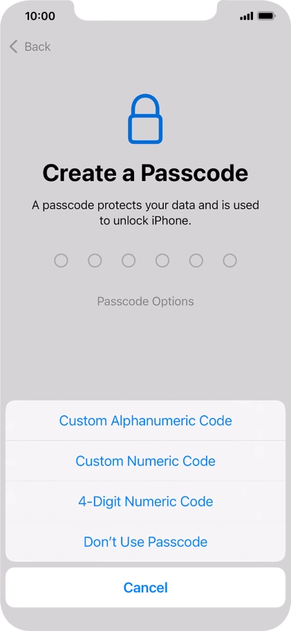 Follow the instructions on the screen to turn on use of phone lock code or press Don't Use Passcode.