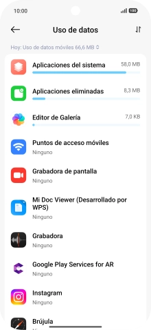 El consumo de datos por cada aplicación aparece bajo el nombre de la aplicación. El consumo de datos por cada aplicación aparece bajo el nombre de la aplicación.