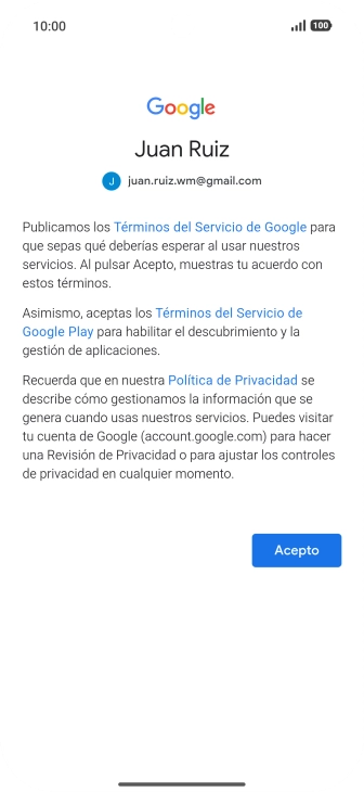 Pulsa Acepto y sigue las indicaciones de la pantalla para seleccionar los ajustes de tu cuenta de Google.