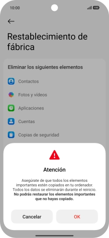 Pulsa OK. Espera unos instantes mientras el teléfono restablece la configuración predeterminada. Sigue las indicaciones de la pantalla para configurar el teléfono y dejarlo listo para su uso. Pulsa OK. Espera unos instantes mientras el teléfono restablece la configuración predeterminada. Sigue las indicaciones de la pantalla para configurar el teléfono y dejarlo listo para su uso.
