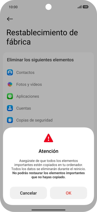 Pulsa OK. Espera unos instantes mientras el teléfono restablece la configuración predeterminada. Sigue las indicaciones de la pantalla para configurar el teléfono y dejarlo listo para su uso. Pulsa OK. Espera unos instantes mientras el teléfono restablece la configuración predeterminada. Sigue las indicaciones de la pantalla para configurar el teléfono y dejarlo listo para su uso.