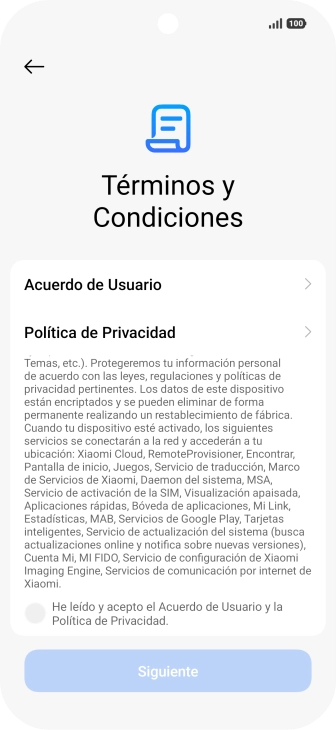 Pulsa en el campo  para aceptar los términos y condiciones.