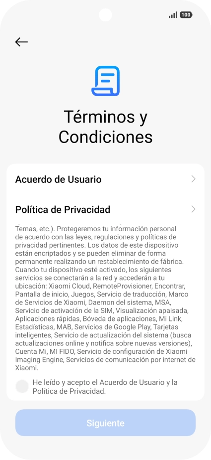 Pulsa en el campo  para aceptar los términos y condiciones.