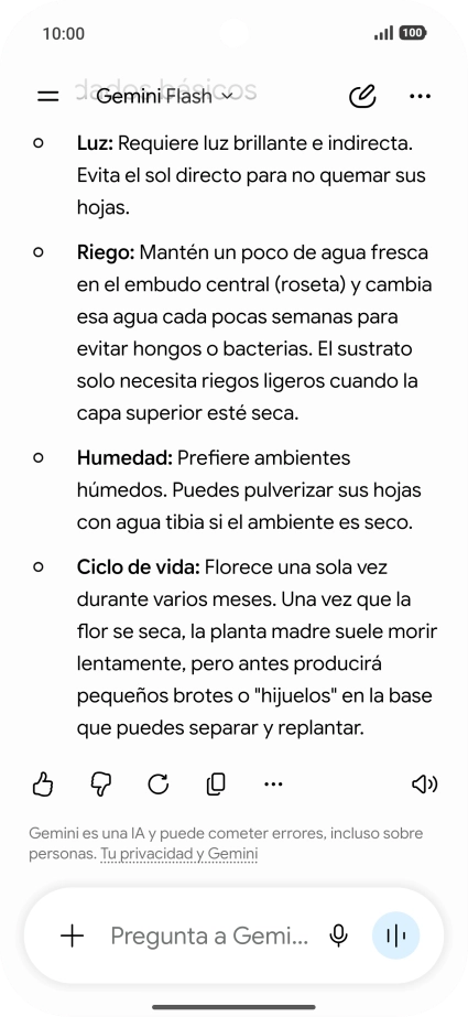 Sigue las indicaciones de la pantalla para escribir o decir en alto la pregunta deseada. Puedes adjuntar fotografías o documentos y hacer preguntas acerca de ellos. Sigue las indicaciones de la pantalla para escribir o decir en alto la pregunta deseada. Puedes adjuntar fotografías o documentos y hacer preguntas acerca de ellos.