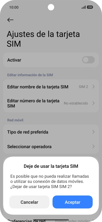Si desactivas el uso de la línea móvil (SIM), debes pulsar Aceptar.