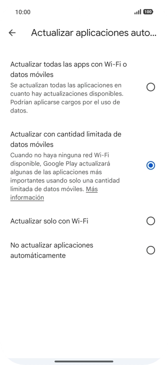 Para activar la actualización automática de apps a través de la red móvil, pulsa el campo junto a 