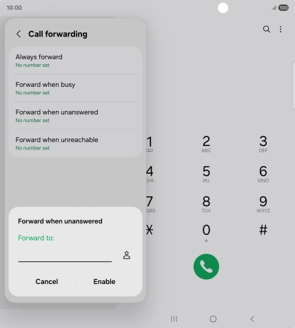 Key in (prefix) 5 (your phone number) and press Enable.