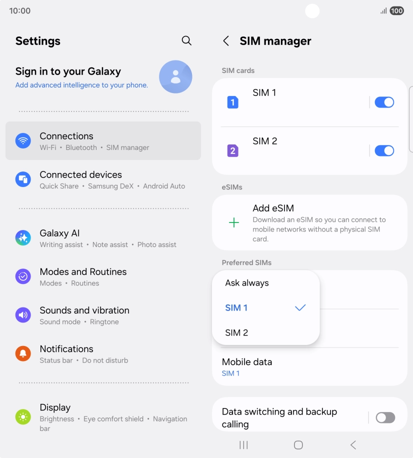 Press the required setting.