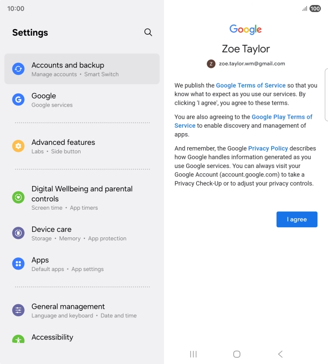 Press I agree and follow the instructions on the screen to select settings for your Google account.