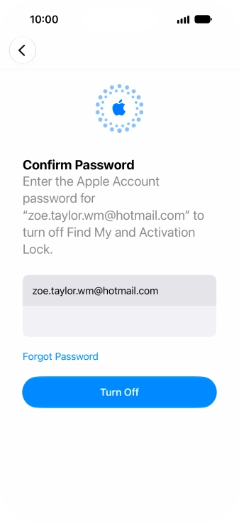 Key in the password for your Apple Account and press Turn Off. Wait a moment while the factory default settings are restored. Follow the instructions on the screen to set up your phone and prepare it for use.